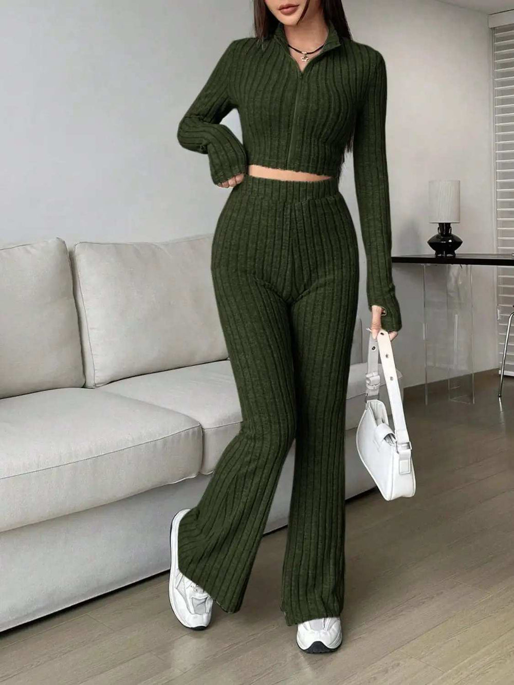 Zip Up Long Sleeve Top and Pants Set - Trendsi - Flyclothing LLC