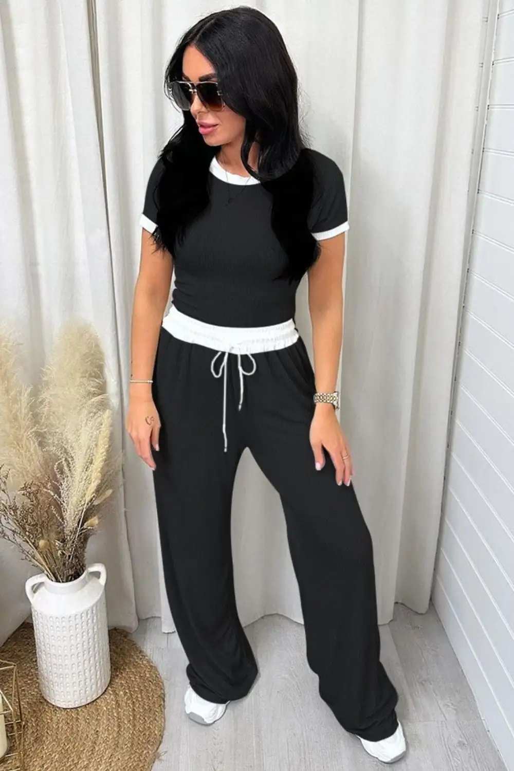 Contrast Trim Round Neck Top and Pants Set - Trendsi - Flyclothing LLC