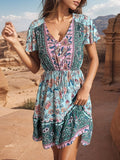 Printed V-Neck Flutter Sleeve Dress - Trendsi