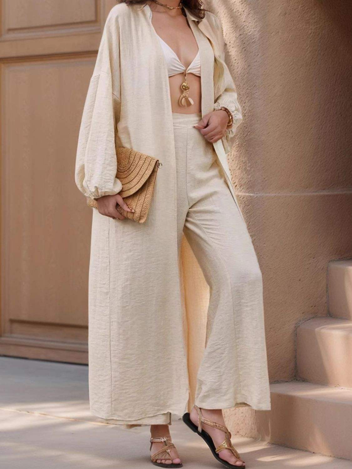 Open Front Balloon Sleeve Cardigan and Pants Set - Trendsi - Flyclothing LLC