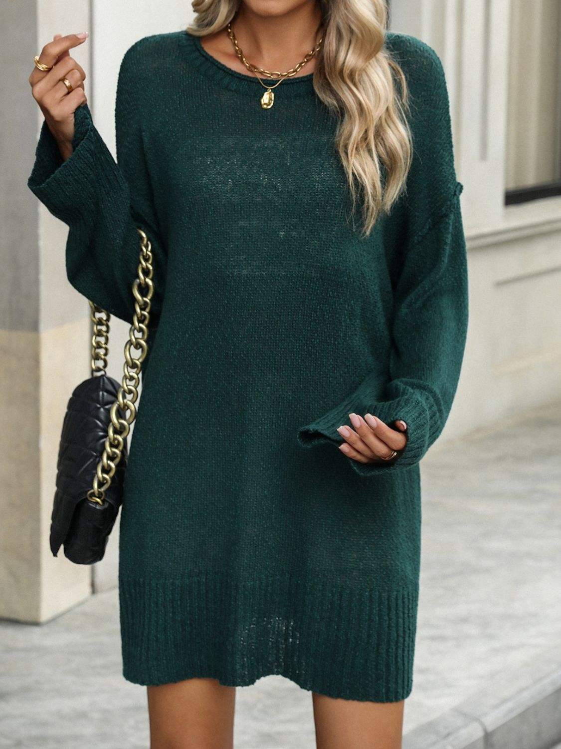 Round Neck Dropped Shoulder Sweater - Trendsi - Flyclothing LLC