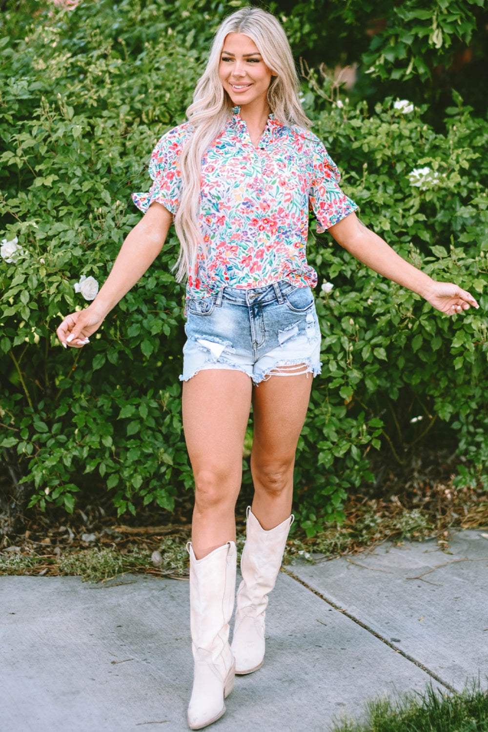 Printed Notched Short Sleeve Blouse - Trendsi - Flyclothing LLC
