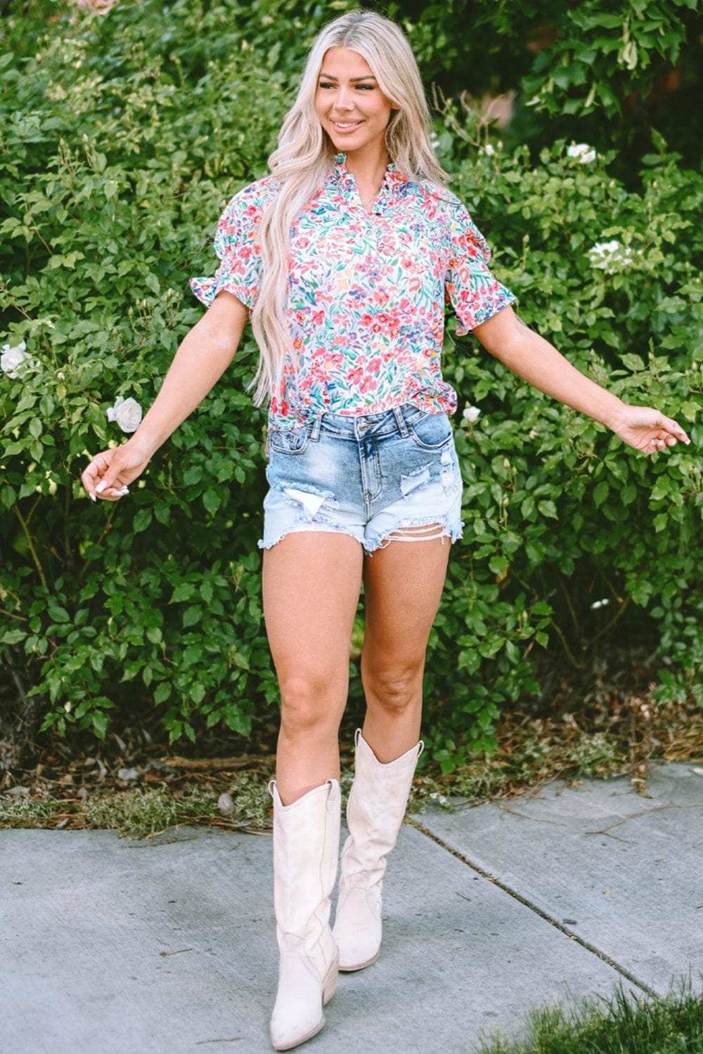 Printed Notched Short Sleeve Blouse - Trendsi - Flyclothing LLC