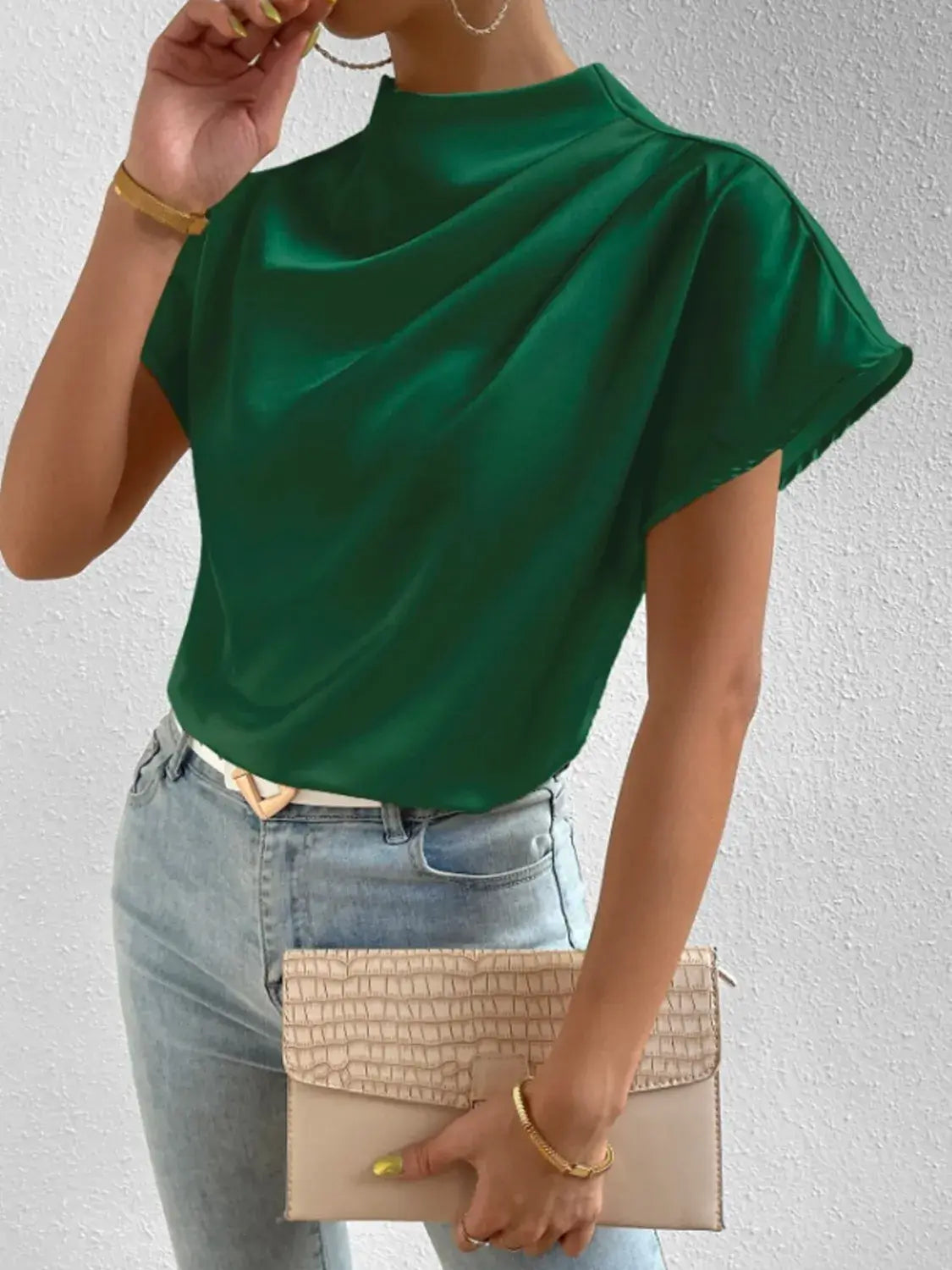 Mock Neck Short Sleeve Blouse - Trendsi - Flyclothing LLC