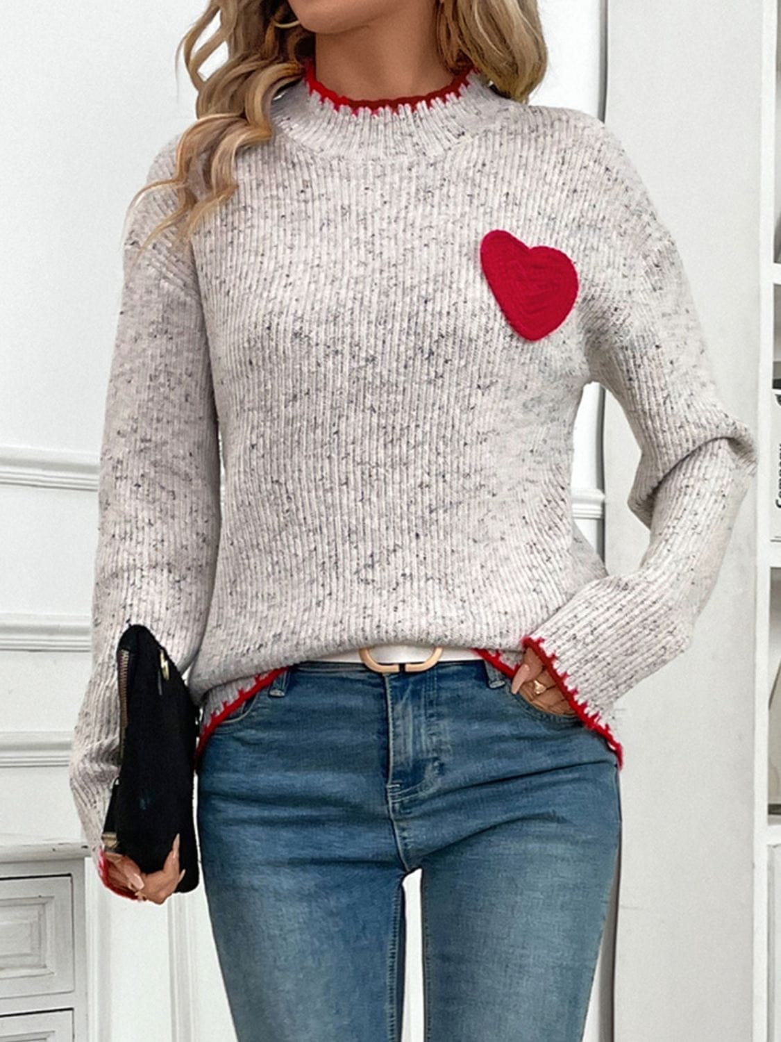 Perfee Contrast Heart Round Neck Long Sleeve Sweater - Trendsi