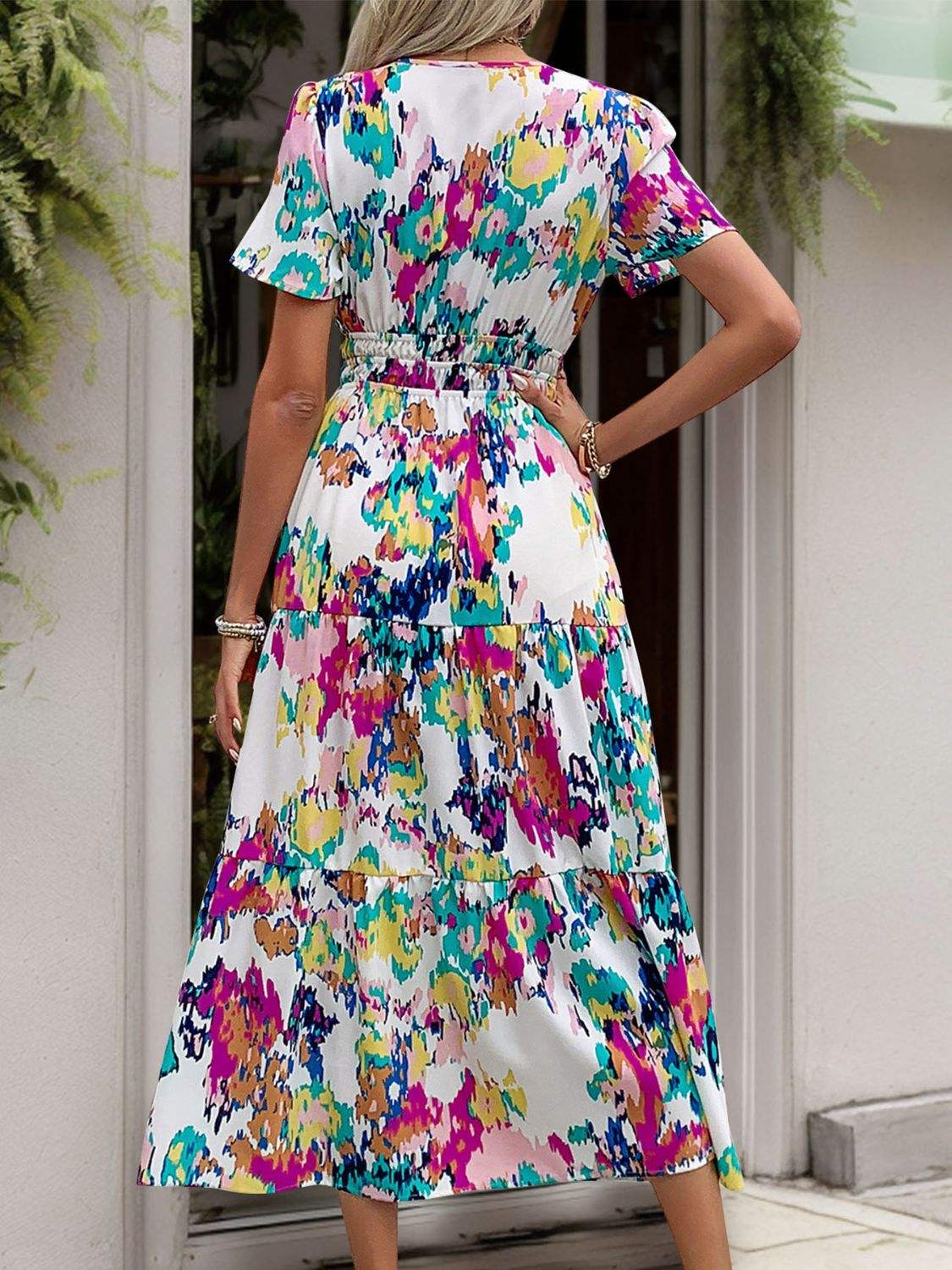 Printed Notched Short Sleeve Midi Dress - Trendsi - Flyclothing LLC