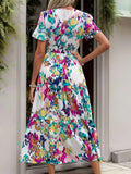 Printed Notched Short Sleeve Midi Dress - Trendsi