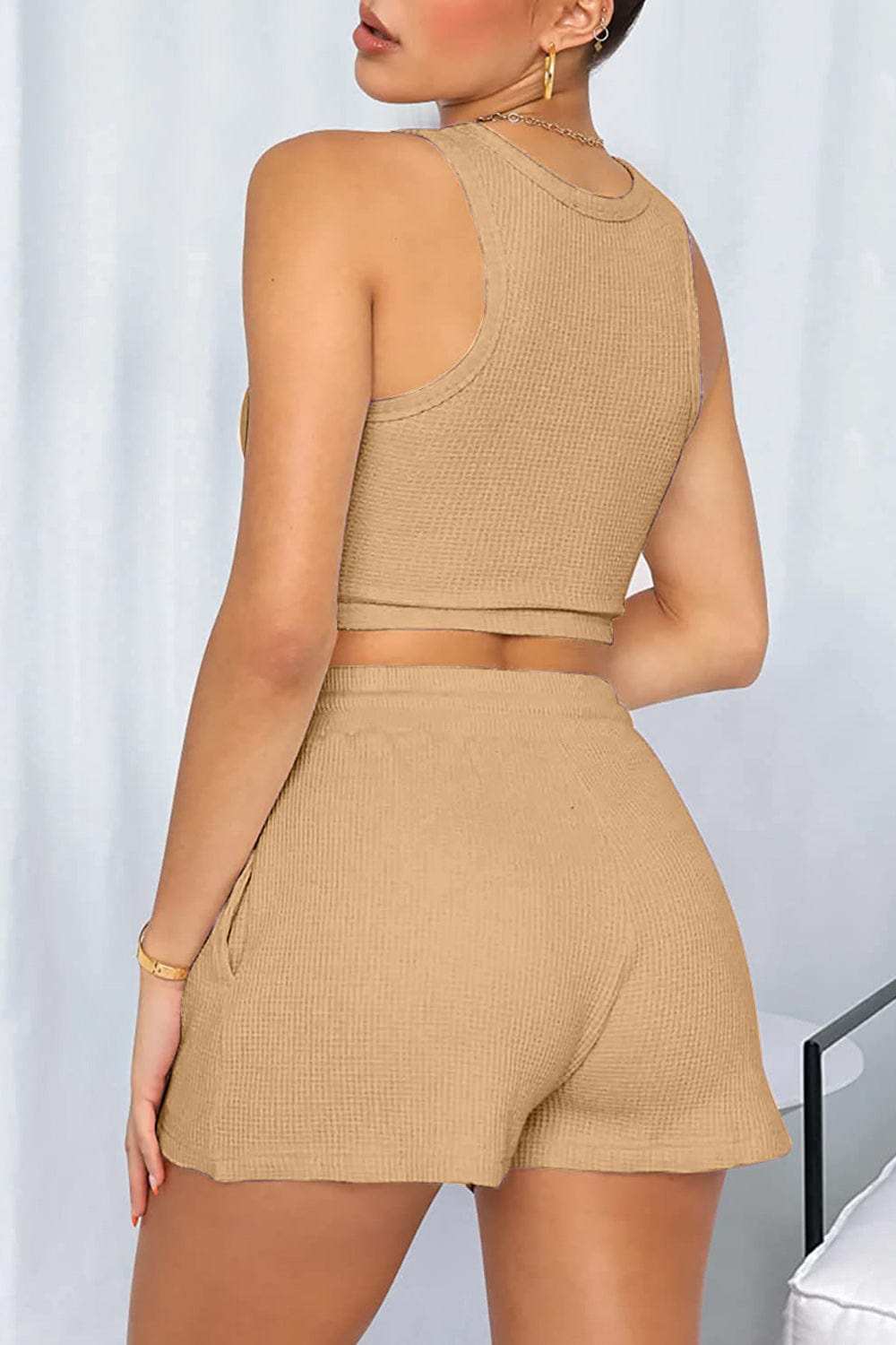 Round Neck Top and Drawstring Shorts Set - Trendsi - Flyclothing LLC