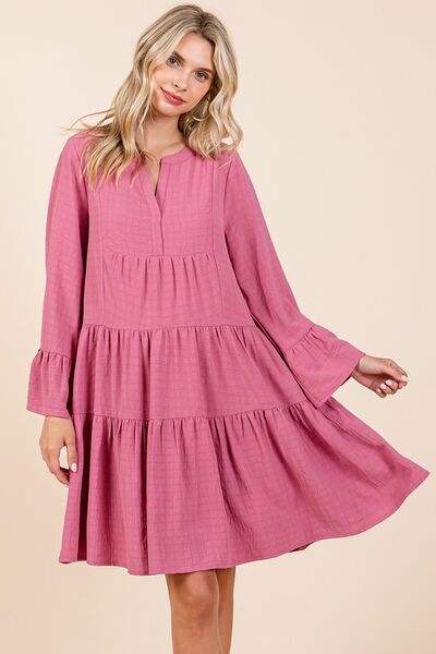 Mittoshop Tiered Notched Flare Sleeve Dress - Trendsi - Flyclothing LLC