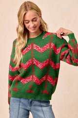 BiBi Christmas Theme Chevron Sequins Detail Sweater - Trendsi - Flyclothing LLC