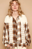 POL Plaid & Star Patchwork Contrast Long Sleeve Shacket - Trendsi