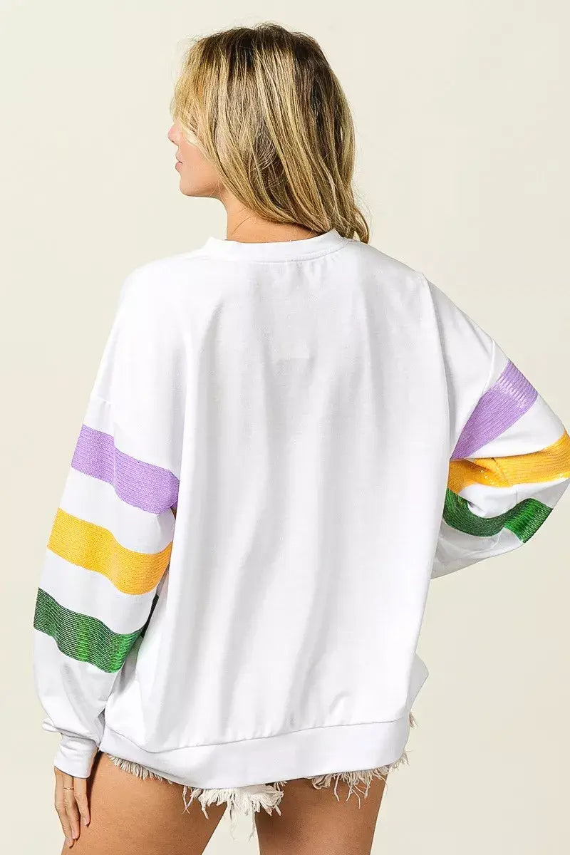 BiBi Sequin Mardi Gras Striped Round Neck Sweatshirt - Trendsi - Flyclothing LLC