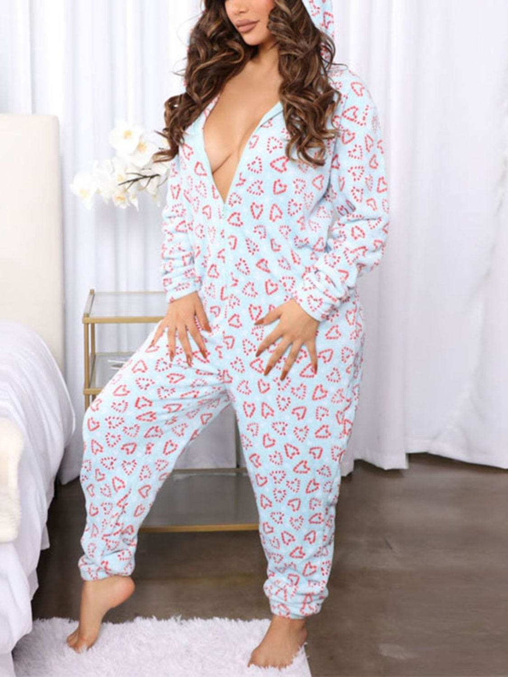 Printed Zip Up Long Sleeve Hooded Lounge Jumpsuit - Trendsi - Flyclothing LLC