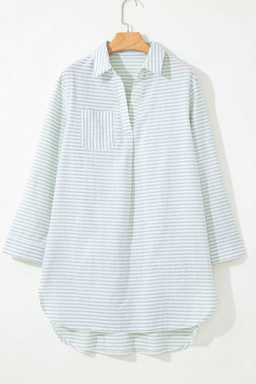 Striped Johnny Collar Long Sleeve Mini Shirt Dress - Trendsi - Flyclothing LLC