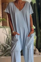 Full Size Casual V-Neck Short Sleeve Jumpsuit with Pockets Plus Size - Trendsi - Flyclothing LLC