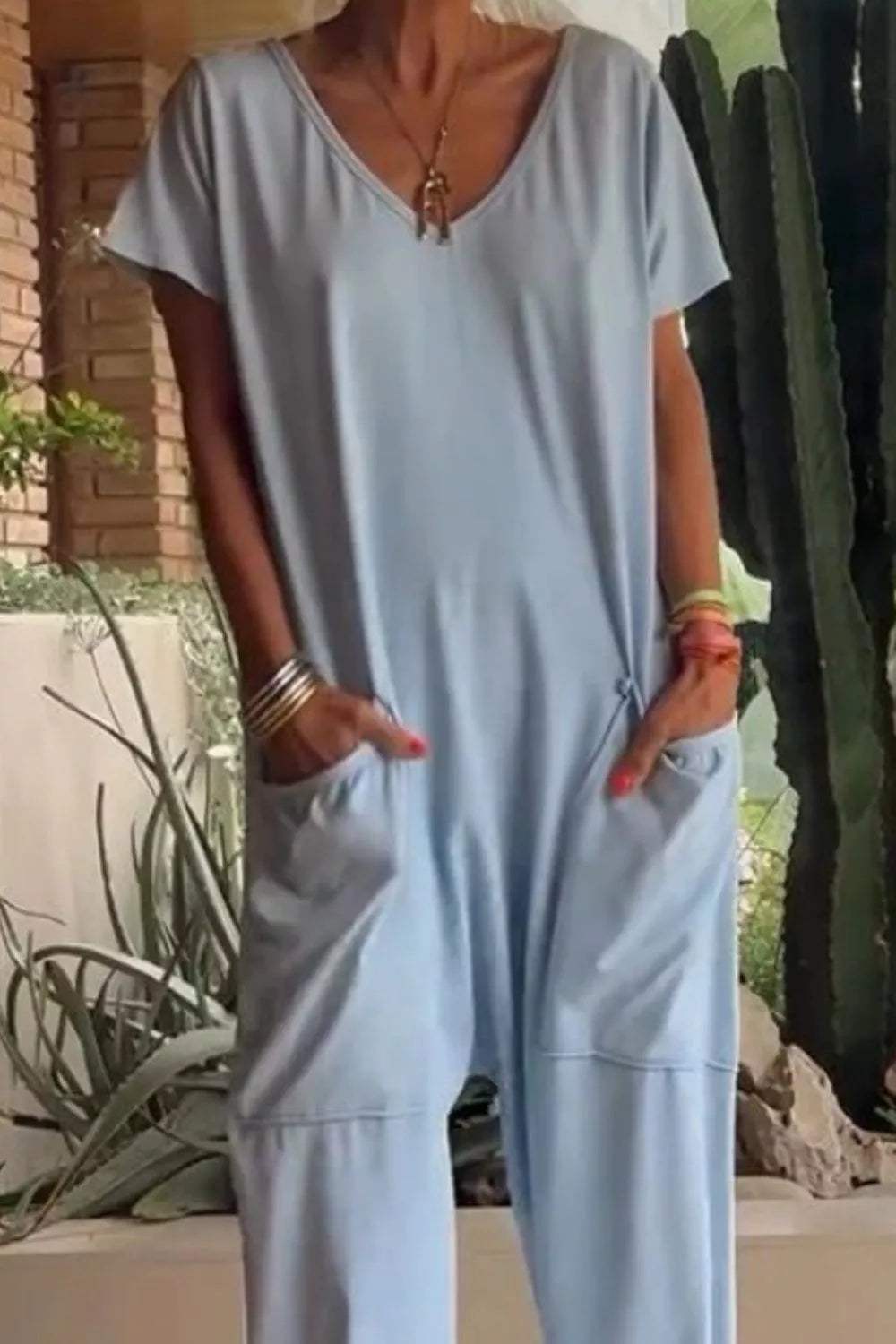 Full Size Casual V-Neck Short Sleeve Jumpsuit with Pockets Plus Size - Trendsi - Flyclothing LLC