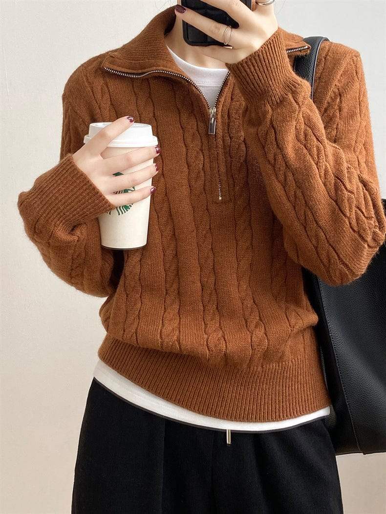 Cable-Knit Half Zip Long Sleeve Sweater - Trendsi - Flyclothing LLC