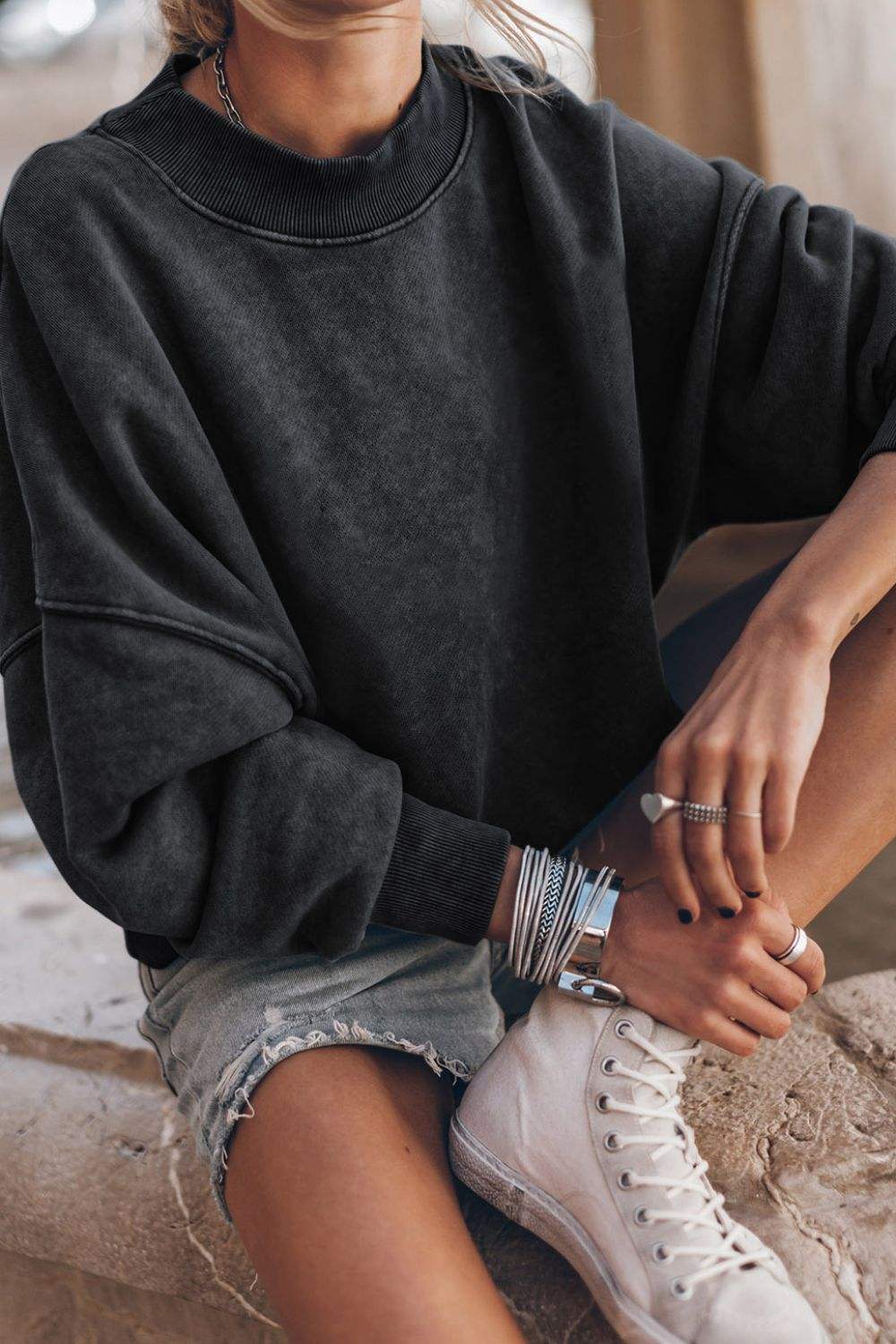 Mock Neck Dropped Shoulder Sweatshirt - Trendsi - Flyclothing LLC