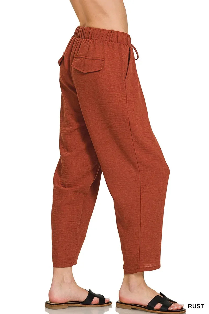 Zenana Woven Crepe Elastic Band Waist Pants - Trendsi - Flyclothing LLC