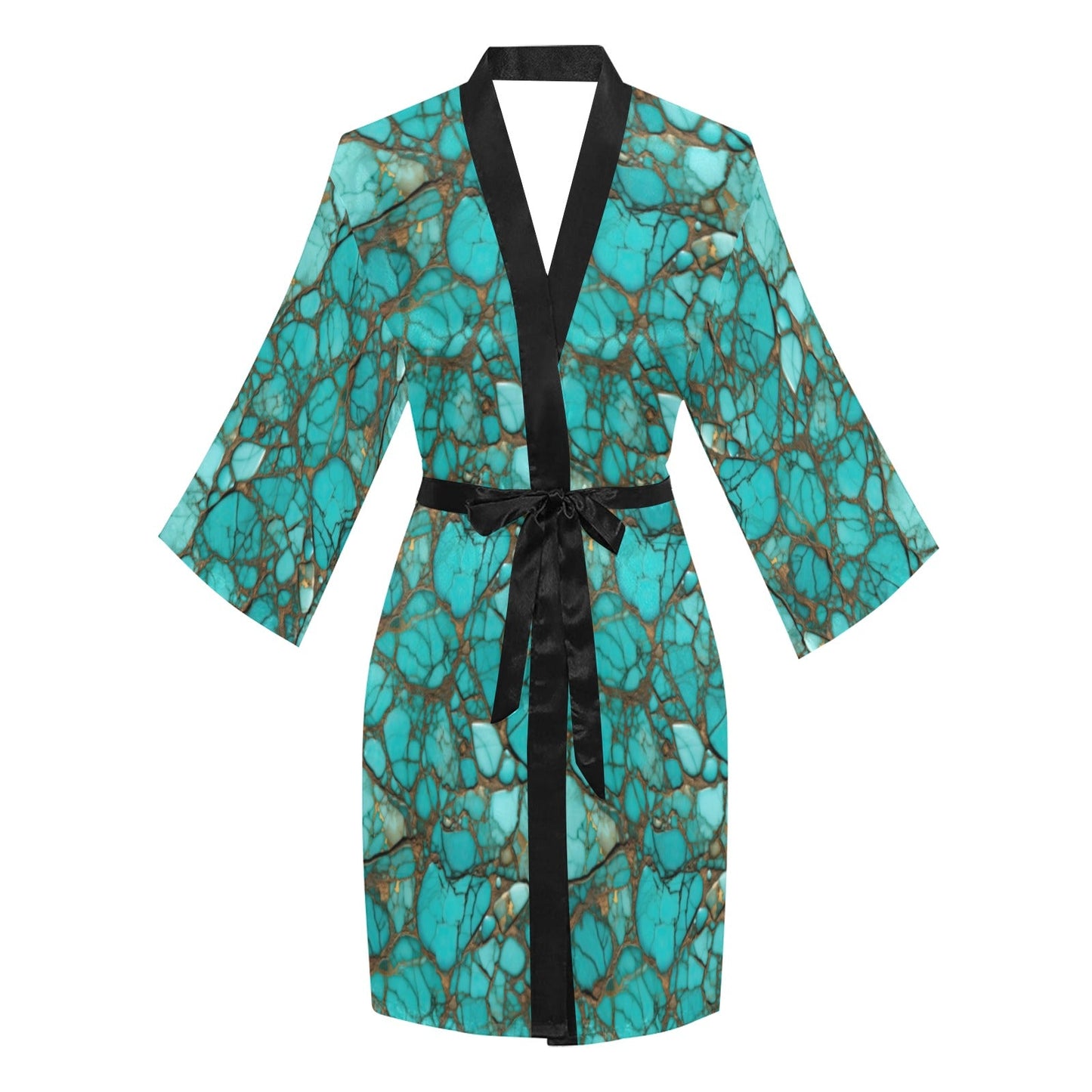 Baha Ranch All Turquoise Satin Kimono Sleeve Robe