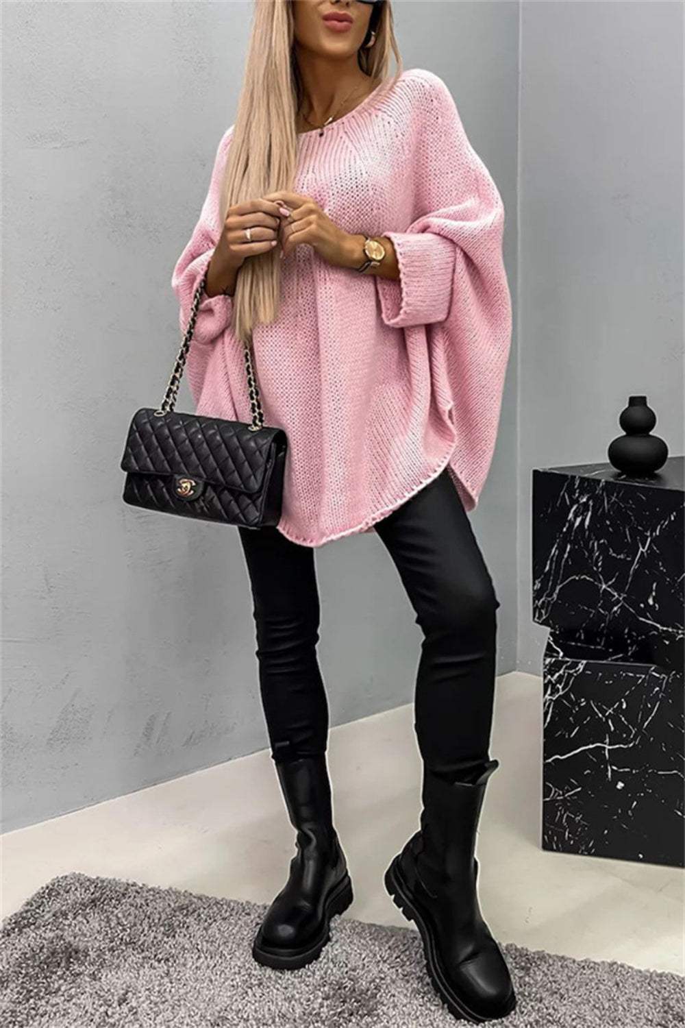 Round Neck Batwing Sleeve Sweater - Trendsi - Flyclothing LLC