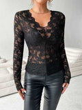 Lace V-Neck Long Sleeve Top - Trendsi - Flyclothing LLC