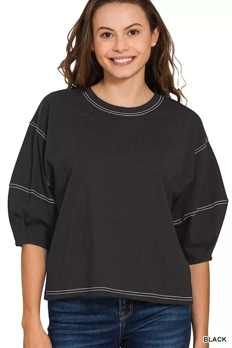 Zenana Balloon Sleeve Top with Contrast Stitching - Trendsi - Flyclothing LLC
