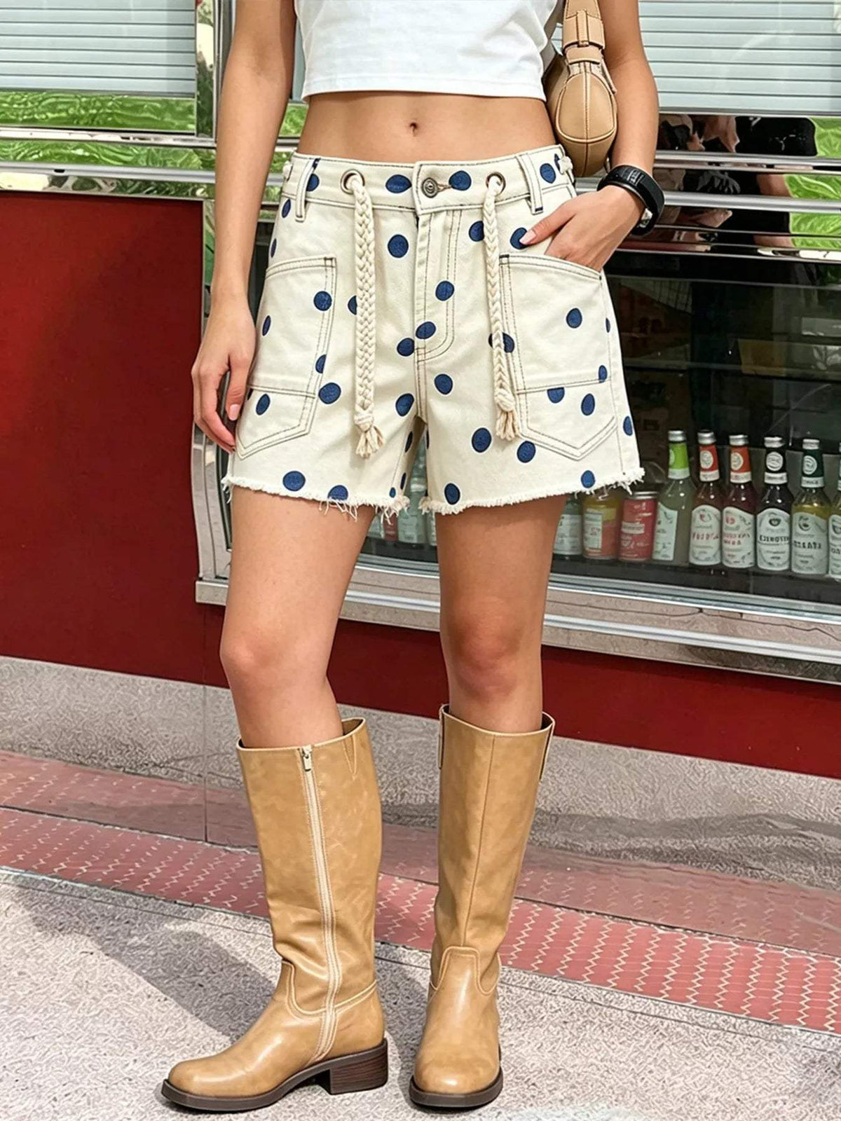Polka Dot Denim Shorts with Braided Drawstring - Trendsi - Flyclothing LLC