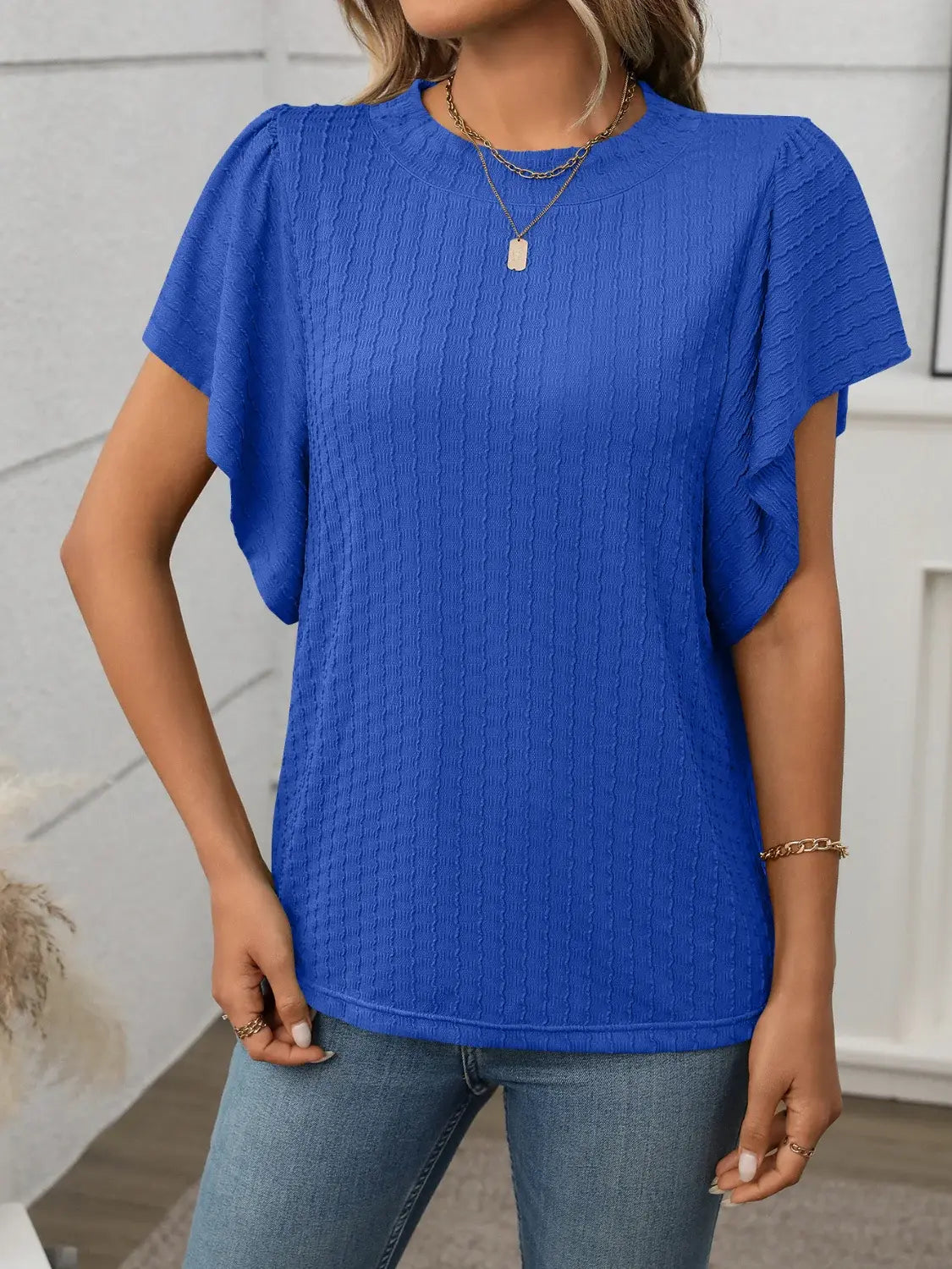 Round Neck Flutter Sleeve T-Shirt - Trendsi - Flyclothing LLC