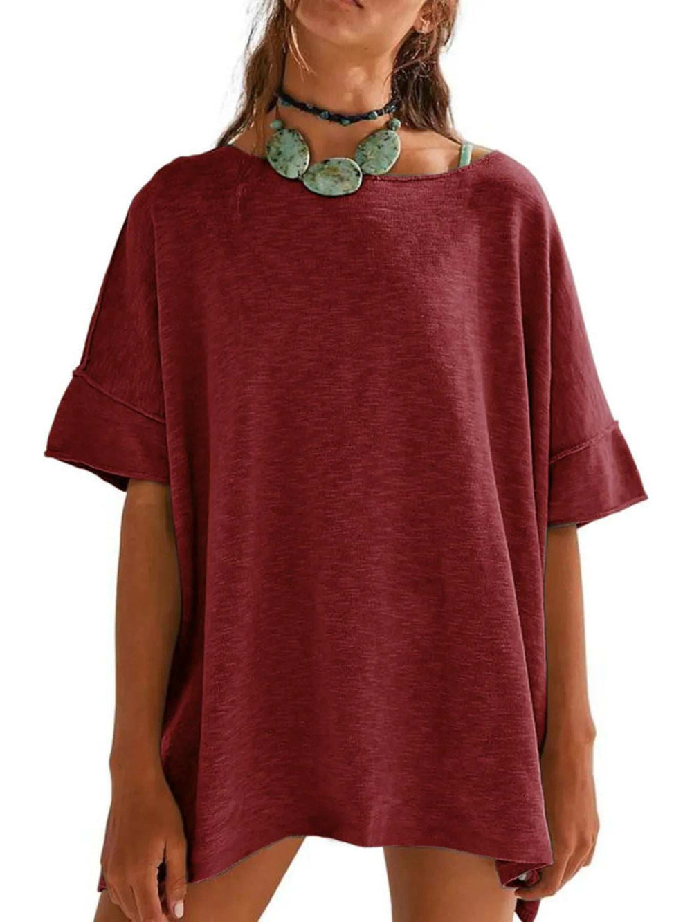 Oversized Round Neck Drop-Shoulder T-Shirt - Trendsi - Flyclothing LLC