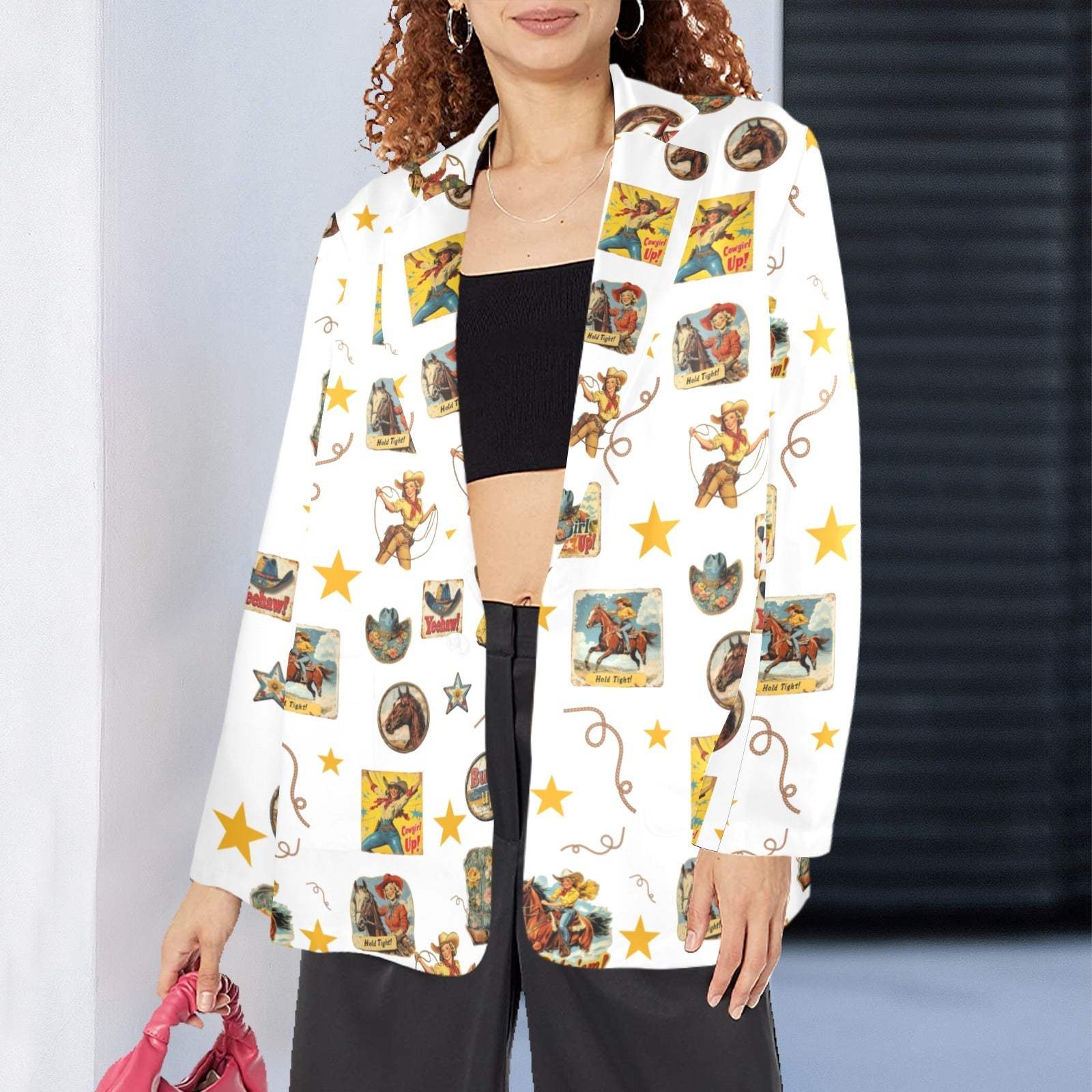 Baha Ranch Vintage Cowgirl Collage Women's Western Blazer in White - Baha Ranch Western Wear - Flyclothing LLC