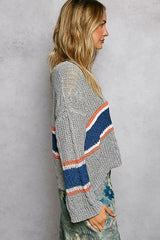 POL V-Neck Striped Pattern Cropped Knit Top with Cable Knit Detail - Trendsi - Flyclothing LLC