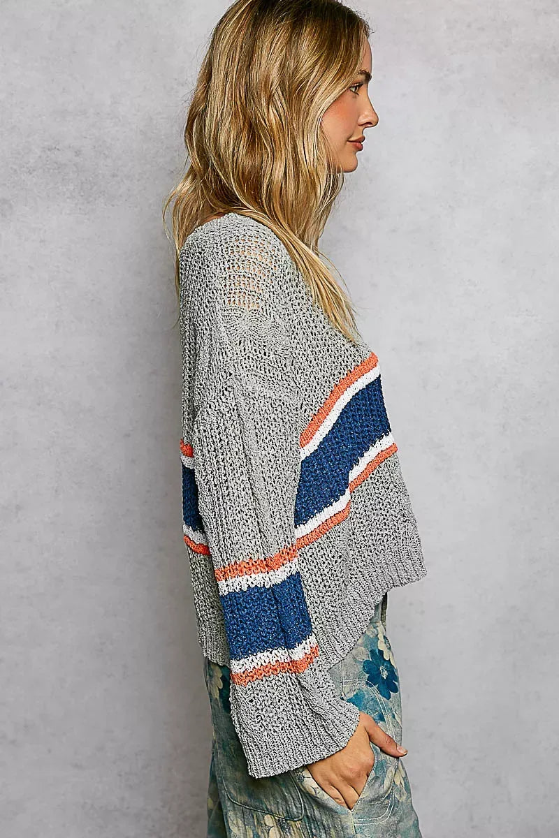 POL V-Neck Striped Pattern Cropped Knit Top with Cable Knit Detail - Trendsi - Flyclothing LLC