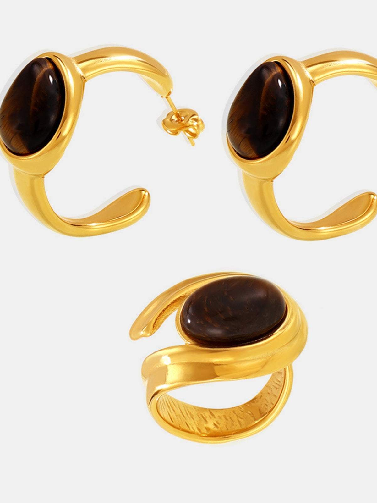 Stainless Steel Tigerite Ring and C-Hoop Earrings Set - Trendsi - Flyclothing LLC