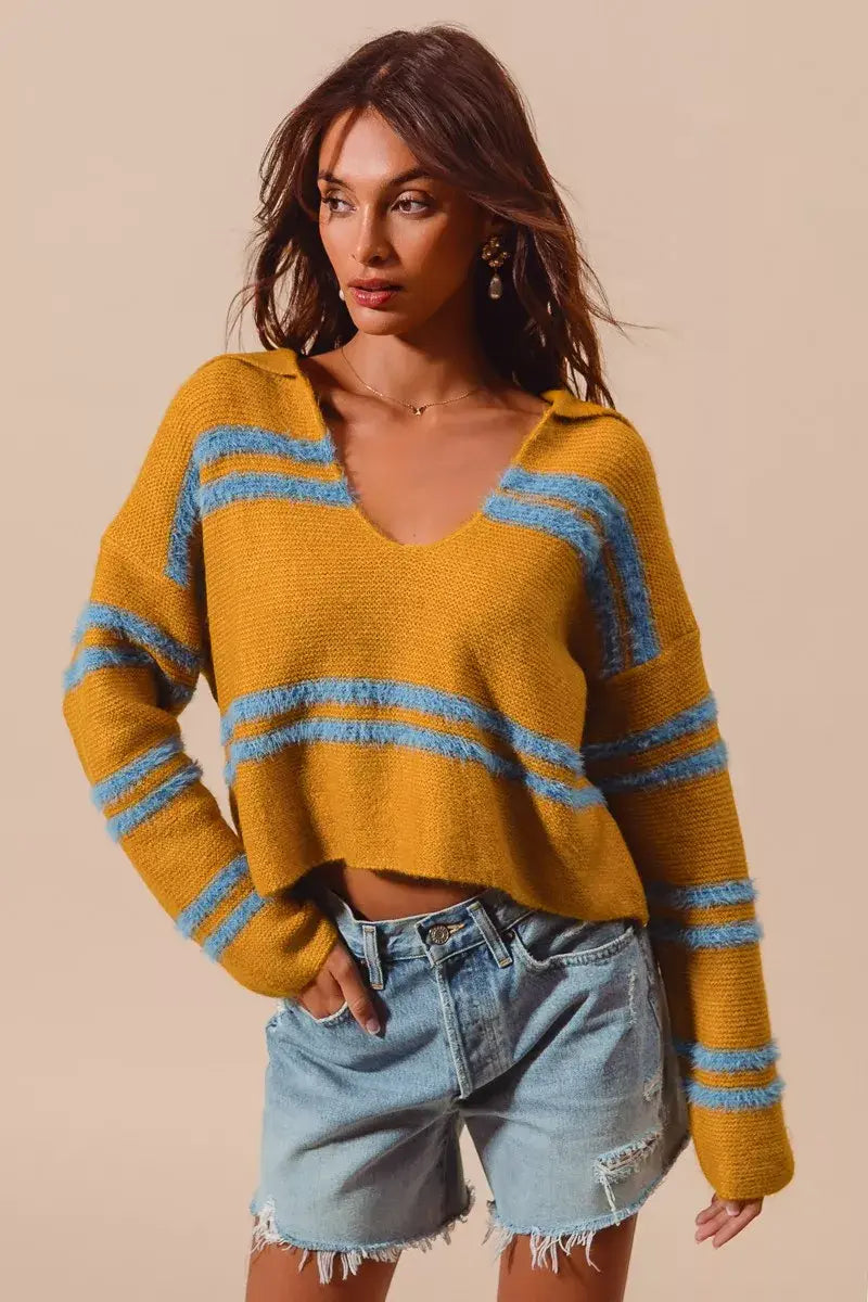 SO ME Fuzzy Hairy Stripe Deep U Neck Swetaer - Trendsi - Flyclothing LLC