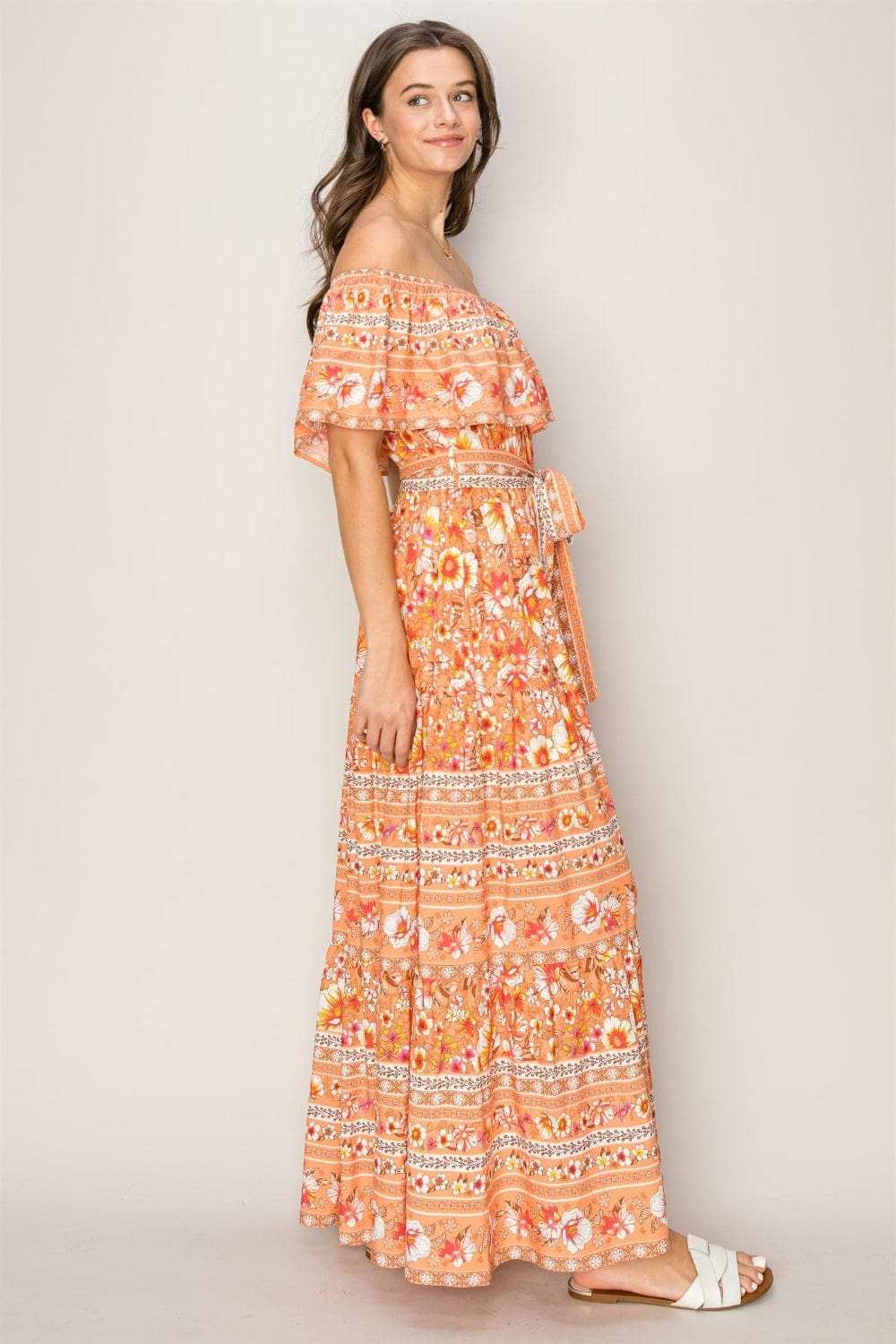 HYFVE Floral Off-Shoulder Tie Front Maxi Dress - Trendsi - Flyclothing LLC
