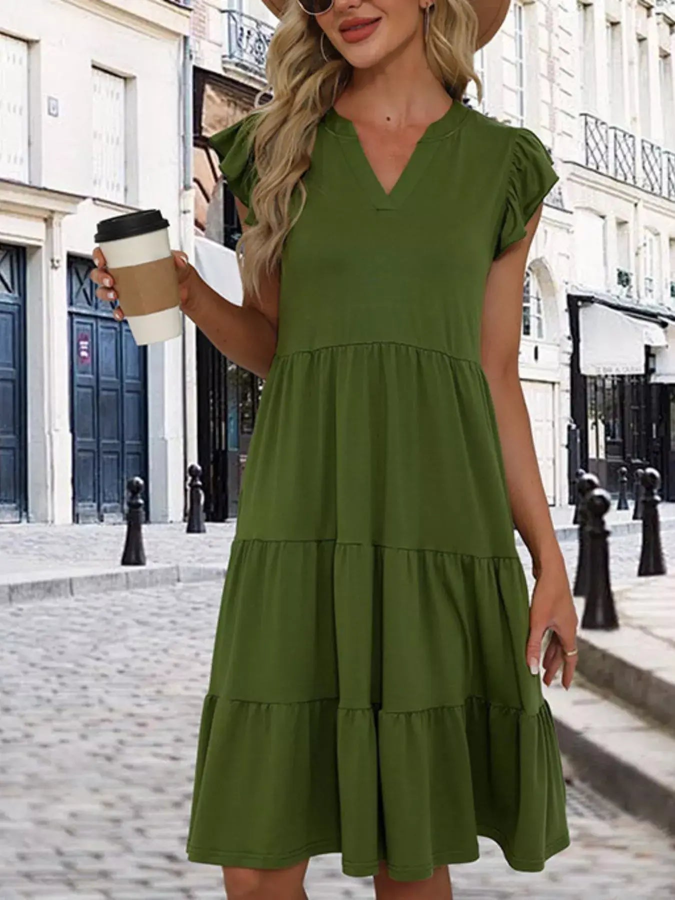 Ruffle Sleeve Tiered Midi Dress - Trendsi - Flyclothing LLC