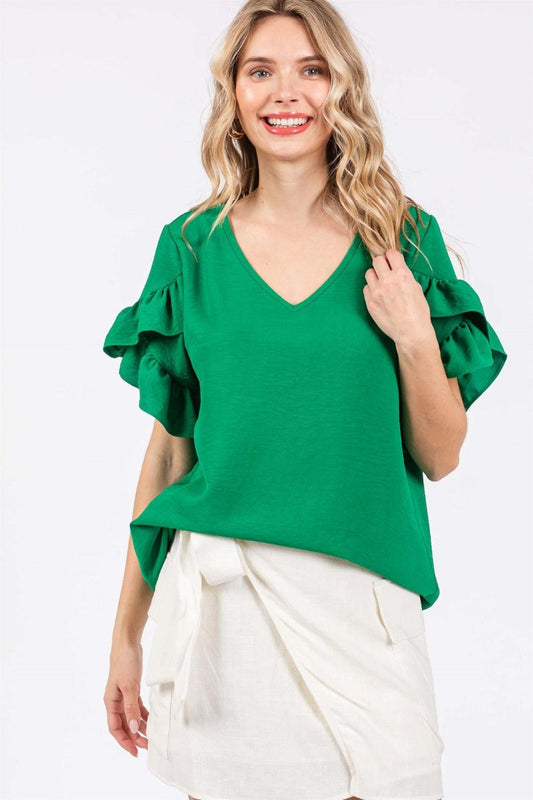 GeeGee Ruffled Short Sleeve V-Neck Blouse - Trendsi