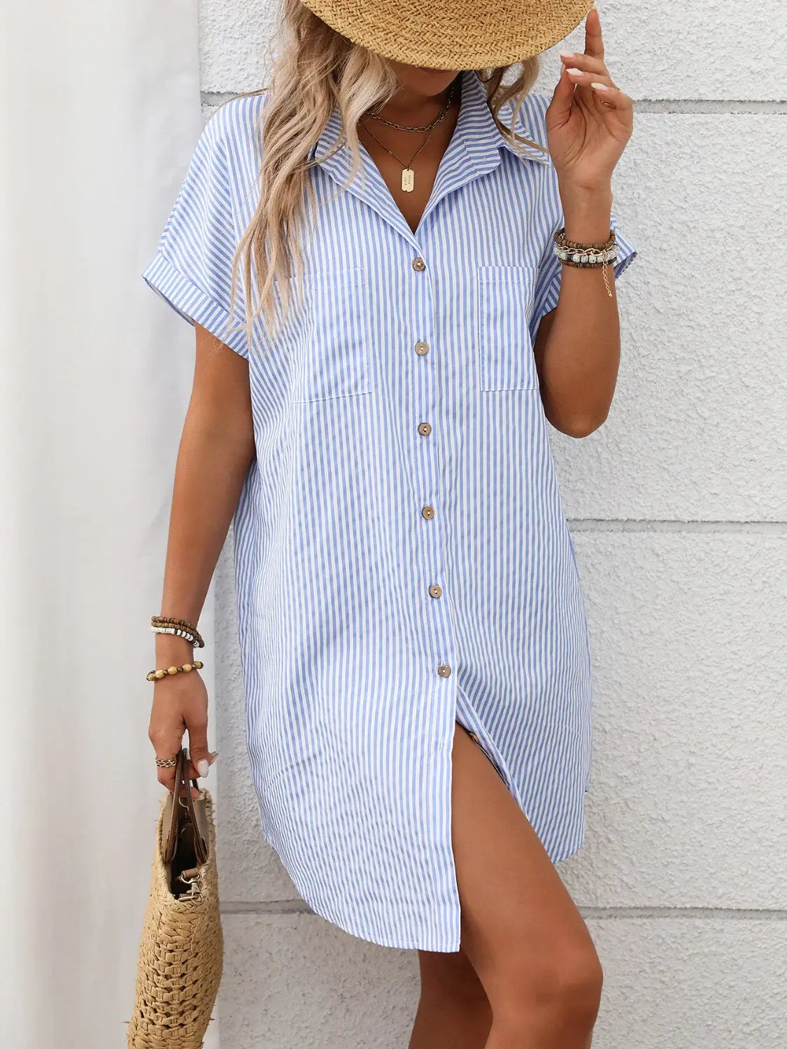 Striped Button Down Short Sleeve Mini Dress - Trendsi - Flyclothing LLC