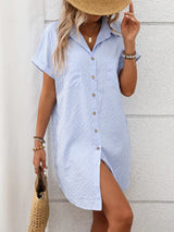 Striped Button Down Short Sleeve Mini Dress - Trendsi - Flyclothing LLC