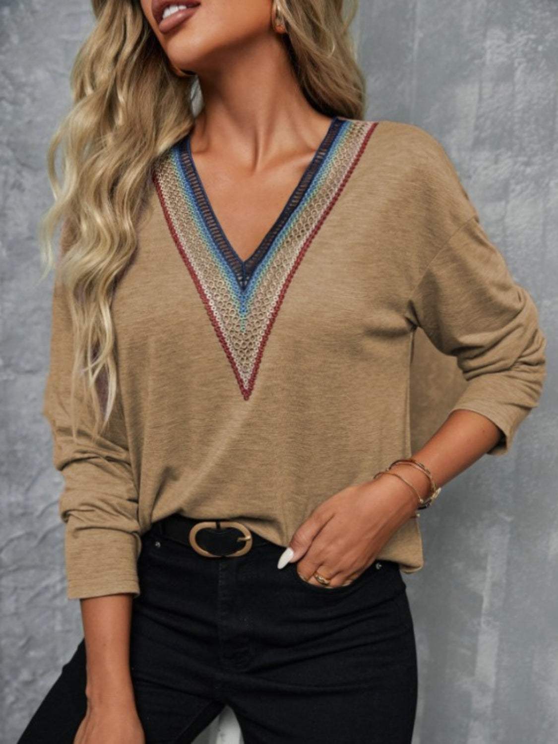V-Neck Long Sleeve T-Shirt - Trendsi - Flyclothing LLC