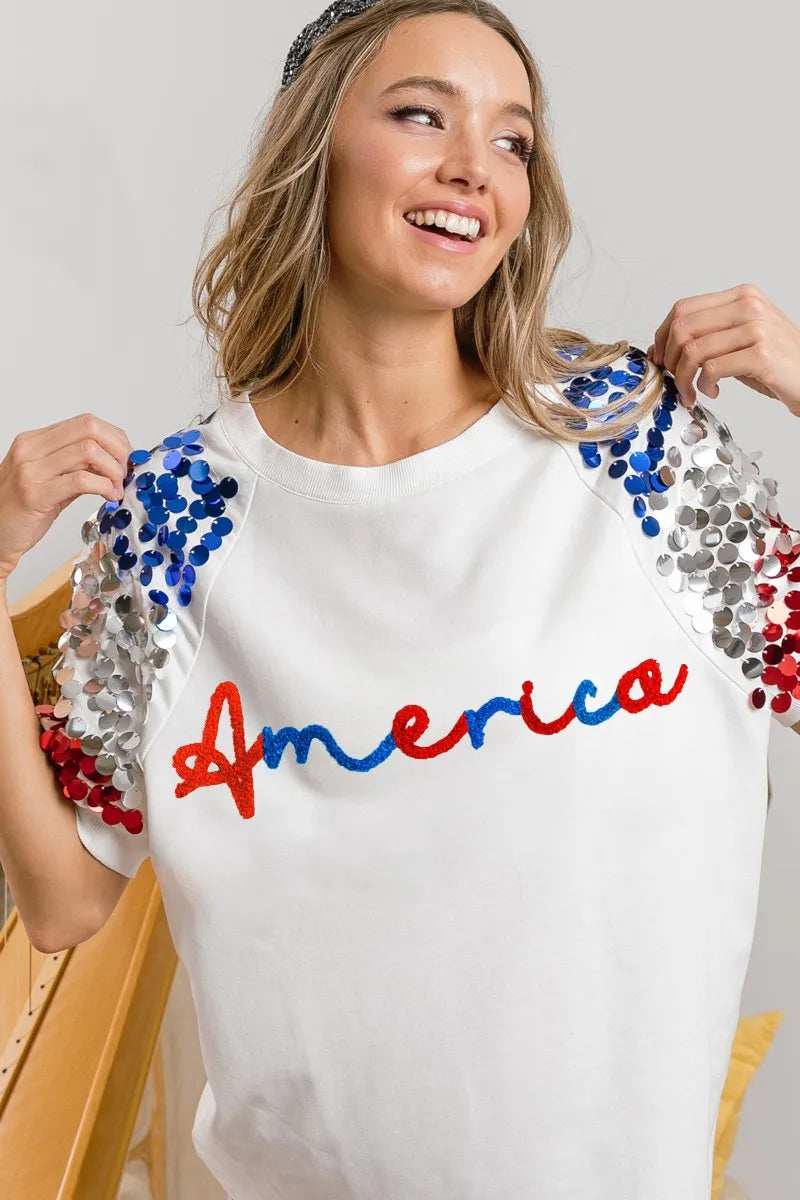 BiBi America Letter Applique Spangle Puff Sleeves Top - Trendsi - Flyclothing LLC