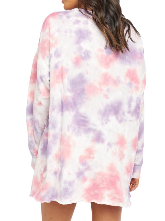 Pocketed Tie-Dye Round Neck Long Sleeve Dress - Trendsi