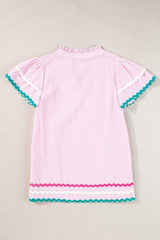 Striped Notched Short Sleeve Blouse - Trendsi - Flyclothing LLC