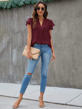 Swiss Dot Notched Flutter Sleeve Blouse - Trendsi - Flyclothing LLC
