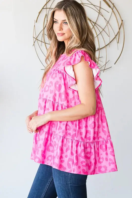 Heimish Full Size Tiered Leopard Round Neck Blouse with Ruffled Detail Plus Size - Trendsi - Flyclothing LLC