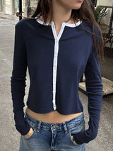 Devine Button Down Contrast Trim Round Neck Long Sleeve Shirt - Trendsi - Flyclothing LLC
