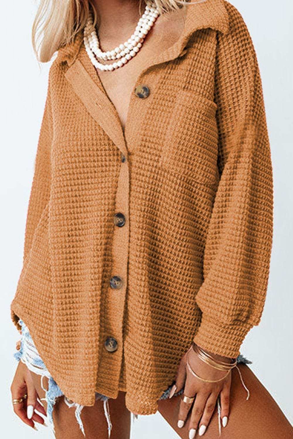 Waffle-Knit Collared Neck Long Sleeve Shirt - Trendsi - Flyclothing LLC