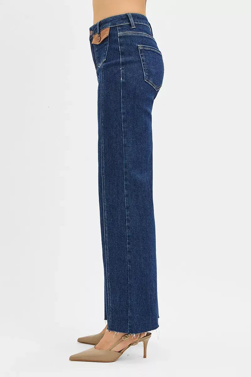 RISEN High Rise Wide Flare Jeans with Front Leather Pocket Detail - Trendsi - Flyclothing LLC