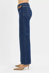RISEN High Rise Wide Flare Jeans with Front Leather Pocket Detail - Trendsi - Flyclothing LLC
